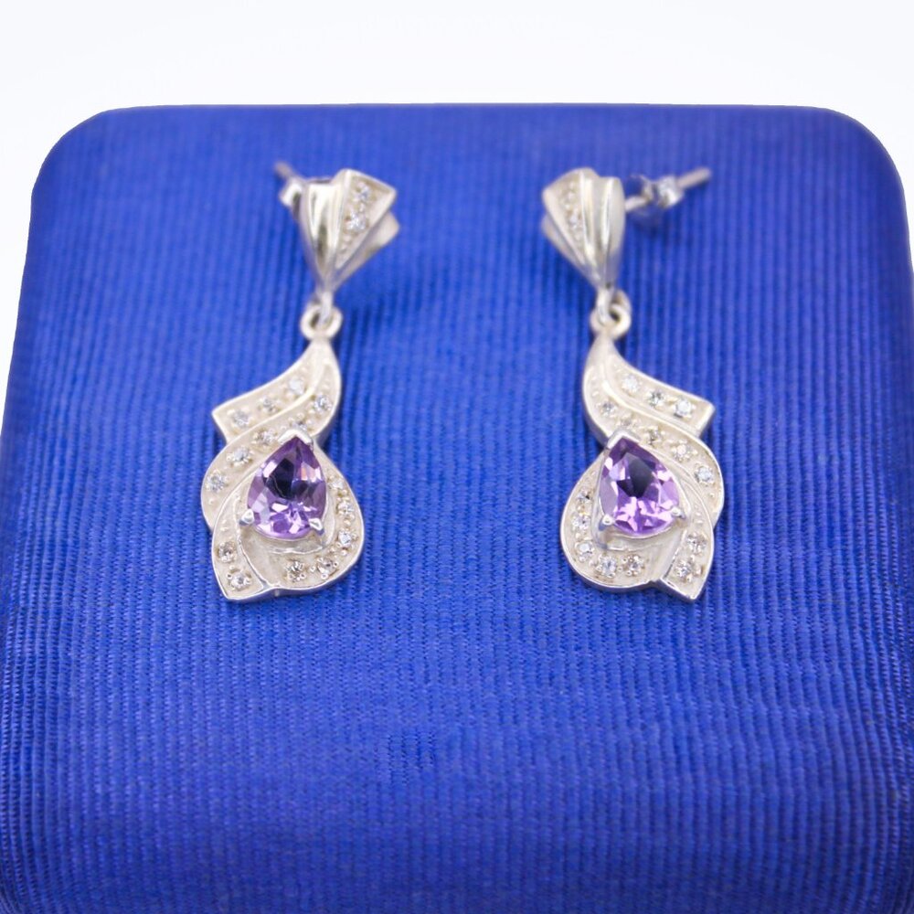 Vintage 925 Sterling Silver Amethyst CZ CW CHARLES WINSTON Dangle Drop Earrings